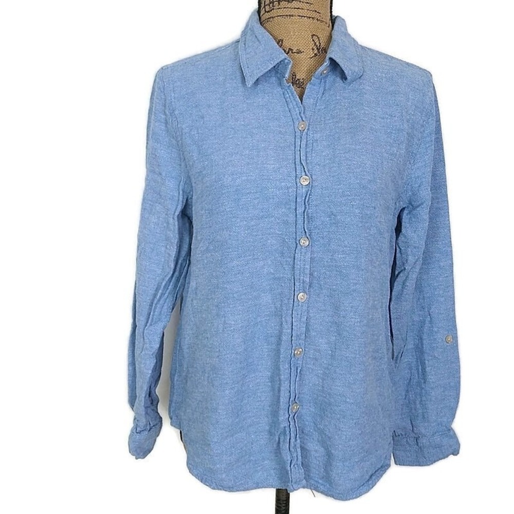 Orvis Button Down Shirt Womens Medium Blue Linen Blend Roll Tab Sleeve Classic